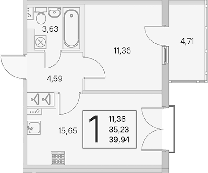 1-комнатная квартира 35.23 м², 4/4 эт., ЖК «Любоград в Стрельне»